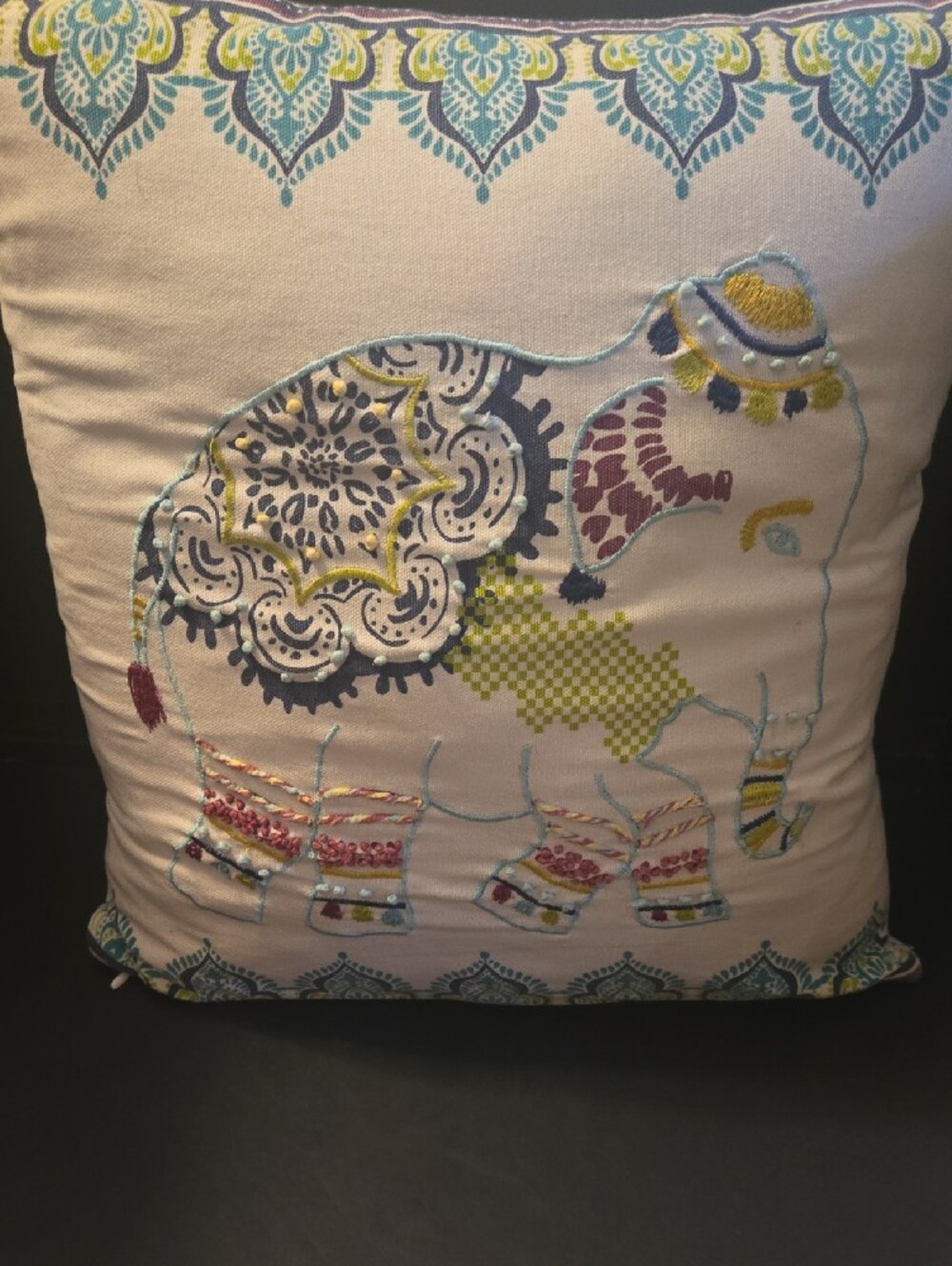 Anthology Embroidered Elephant Decorative Throw Pillow in Cream and Multicolor - Picture 7 of 10